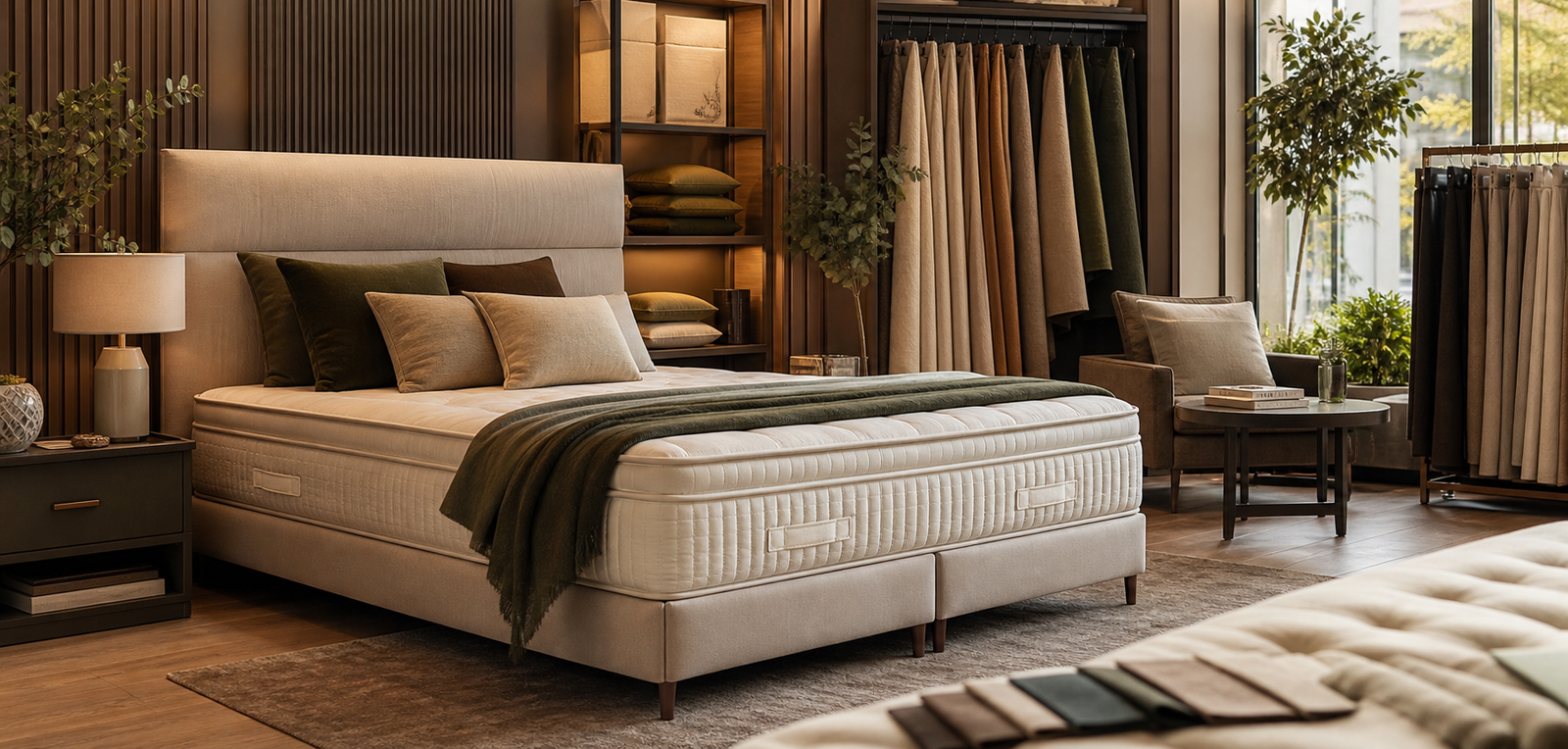 Pat tapițat și mostre de textile în showroom