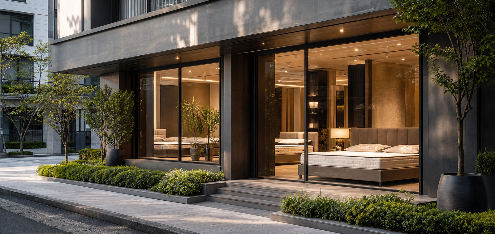 Exteriorul showroomului de saltele și mobilier