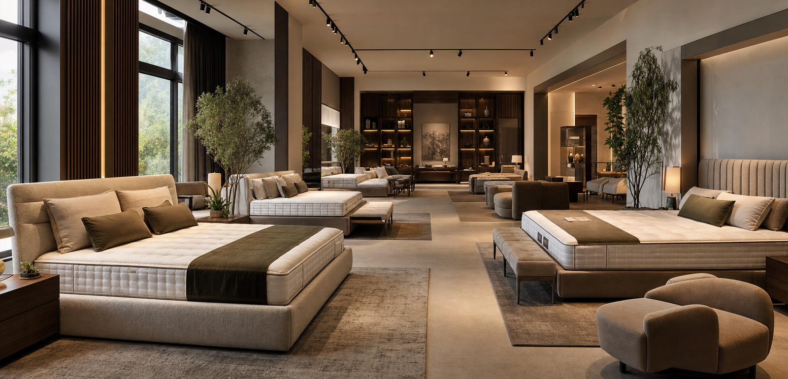 Interiorul spațios al showroomului cu paturi și saltele